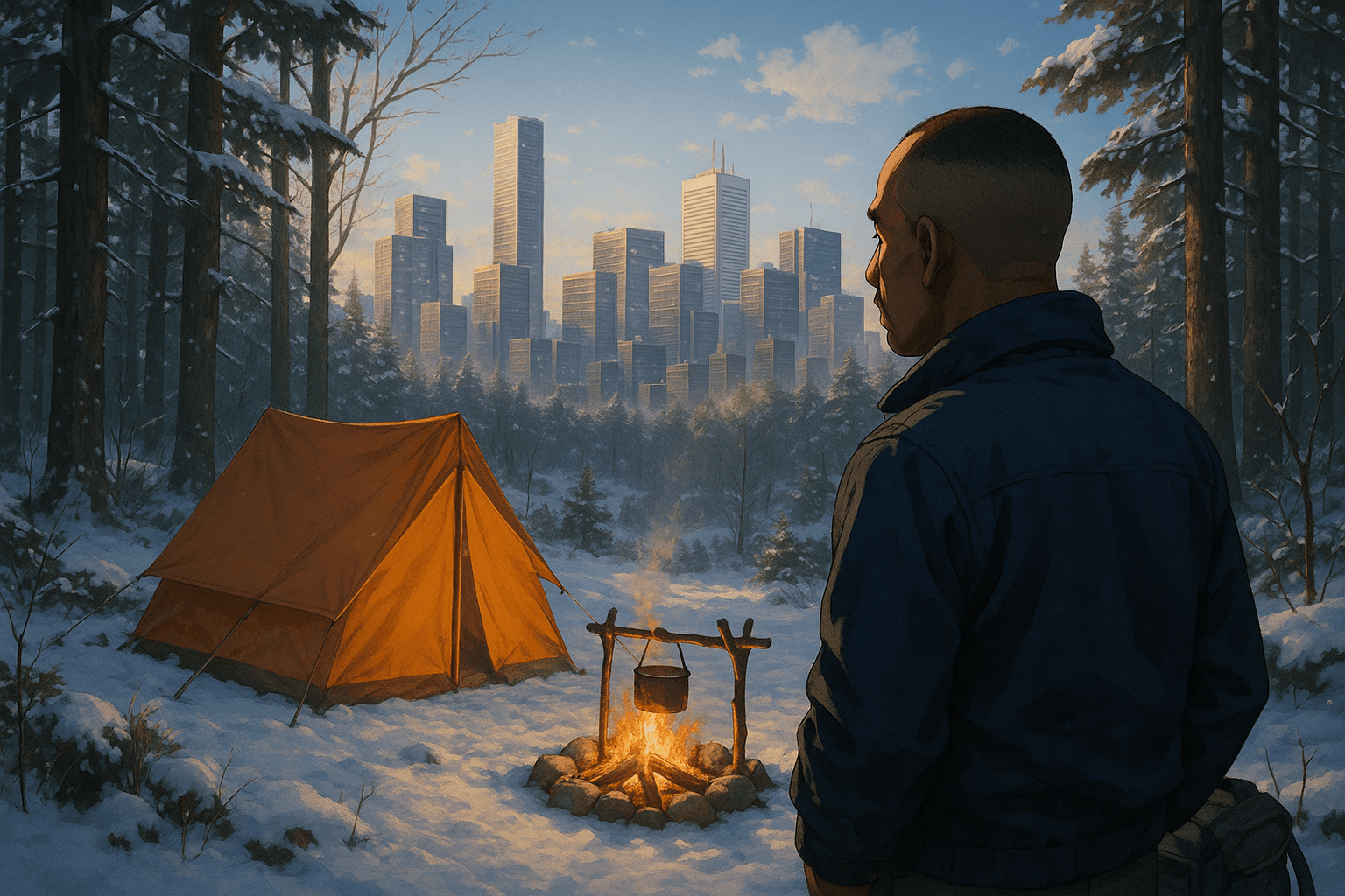 Illustration for Taking a time off frm the building and camping out, showing a Toronto apartment building scene.